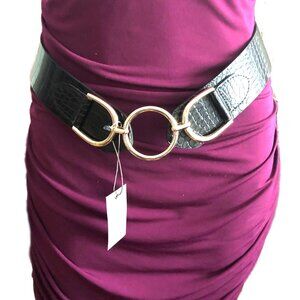 Vince Camuto Black Stretch Belt Gold Ring Front NWT Size L/XL
